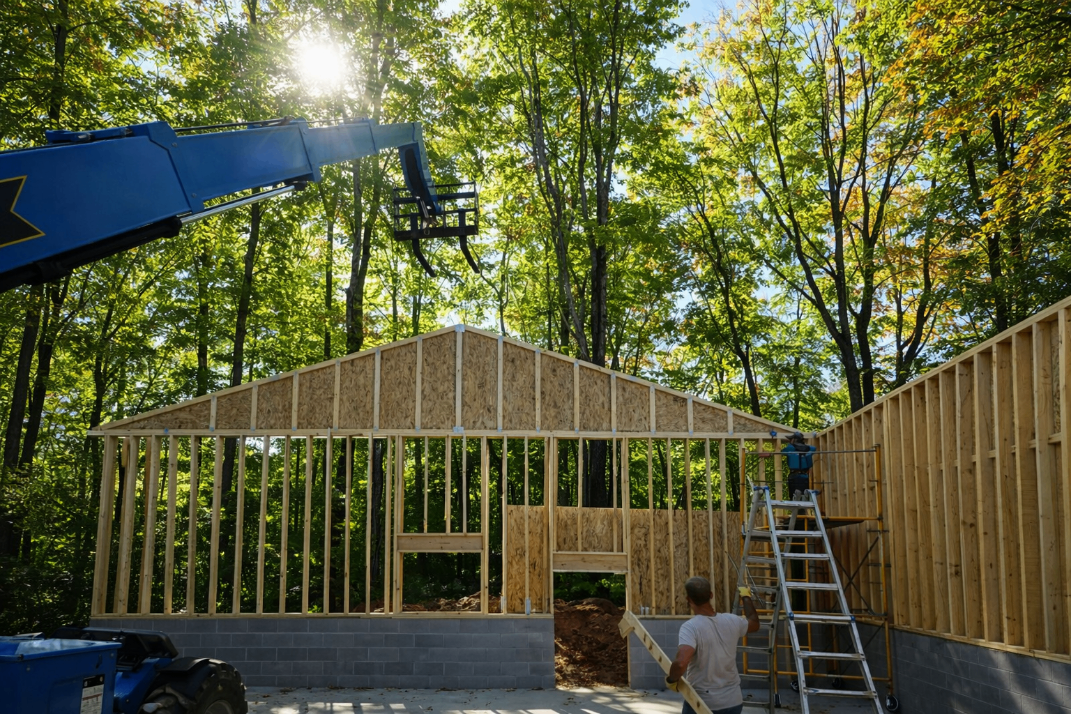 Pole building wall framing with OSB sheathing and block foundation being erected with a boom lift on a wooded lot in Marquette, Michigan
